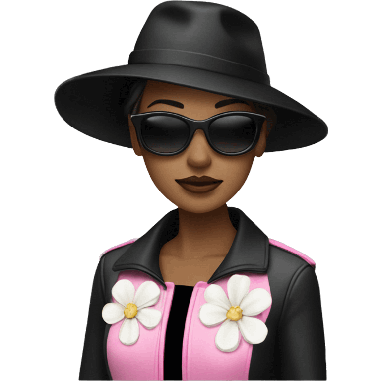  woman wearing a black hat adorned with a white flower and smaller decorative flowers. She is also wearing black sunglasses and a shiny pink jacket over a black top. She appears in a side profile pose , her head slightly tilted back. White skin emoji