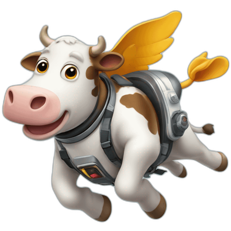 cow flying to space while wearing a jetpack emoji