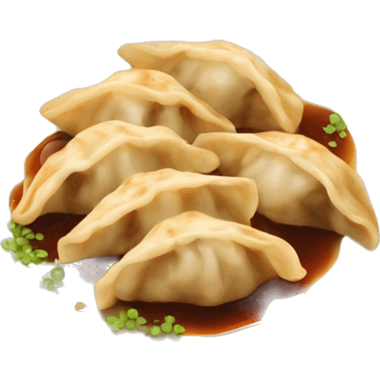 Gyoza with sauce in a plate ,the angle is from between up and down at the same time  emoji