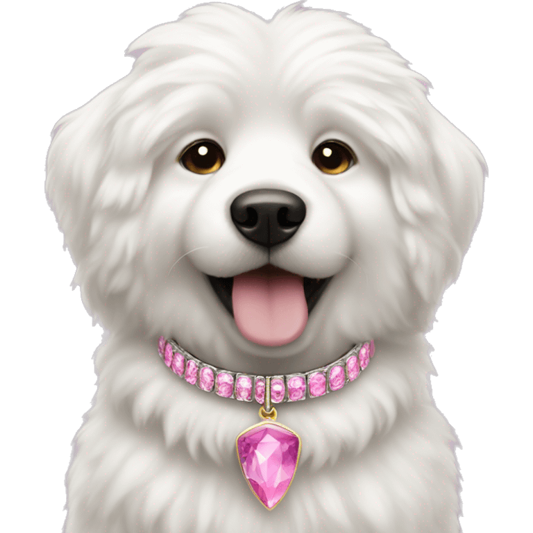 white fluffy dog with pink gemstone collar emoji