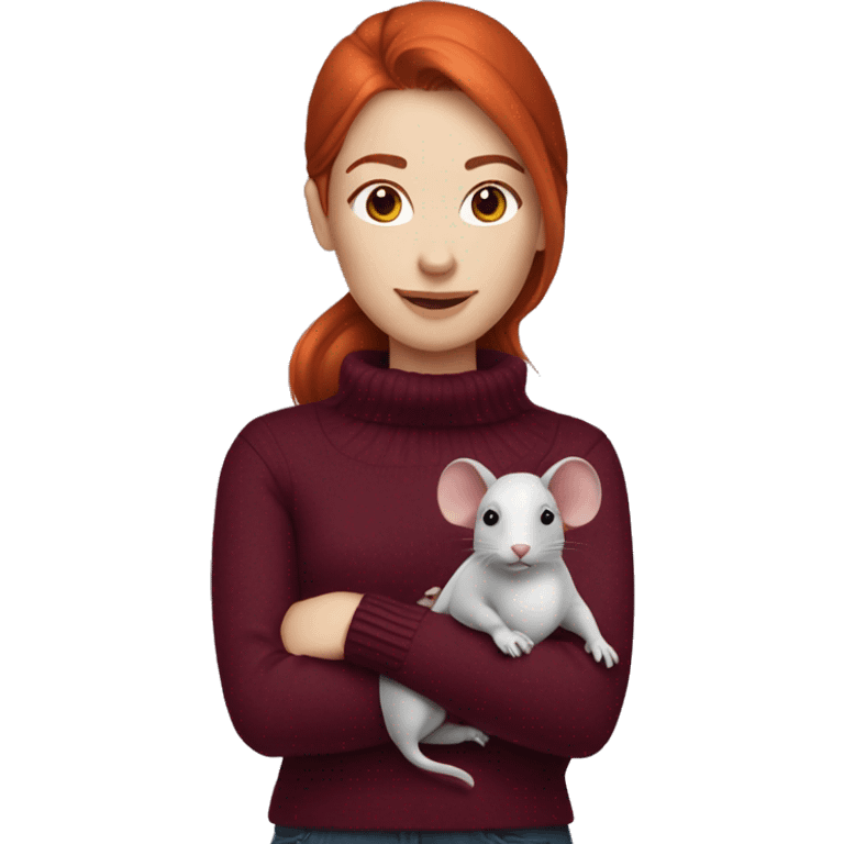 redhead girl with Dyson styling in burgundy sweater with rat on her shoulder emoji