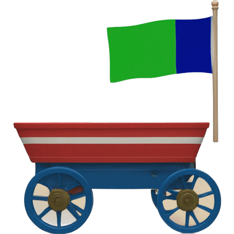 A flag devided horizontally the top vibrant Blue the bottom half green in the center a red wagon sixteen spoked wheel  emoji