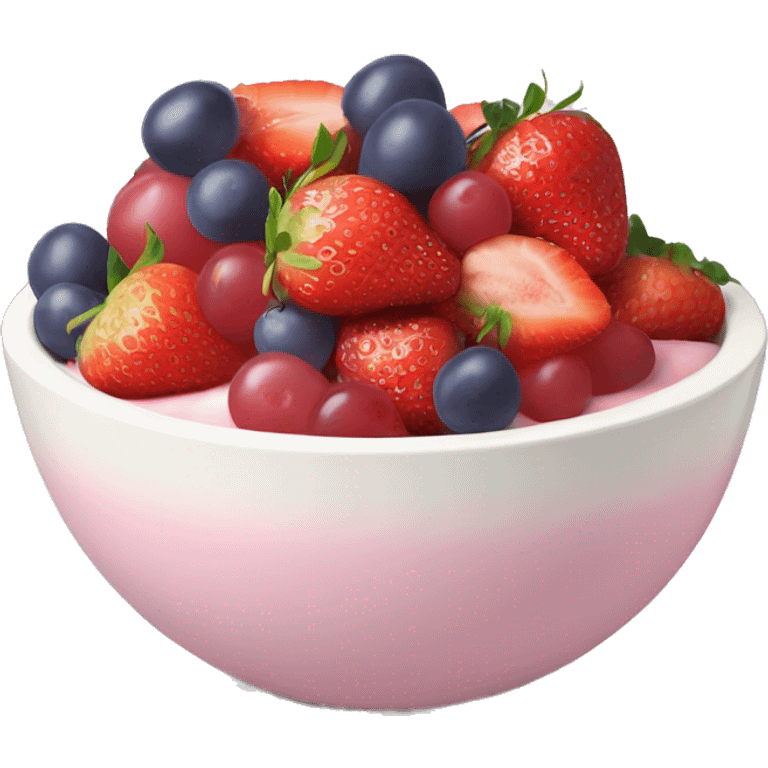 Light pink fruit yogurt bowl with strawberries and grapes emoji