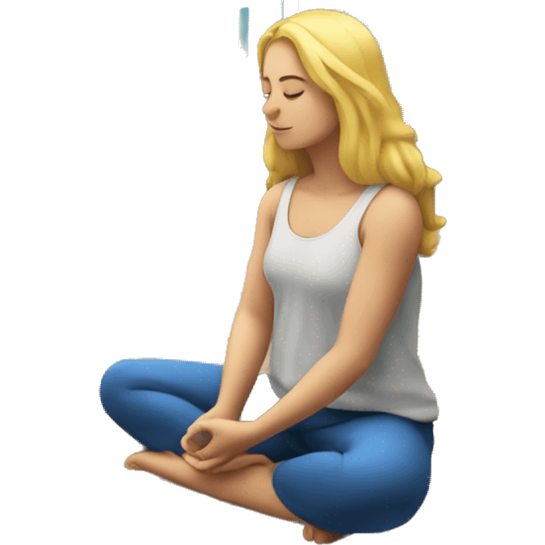 Blonde girl meditating on a wooden deck facing the ocean emoji