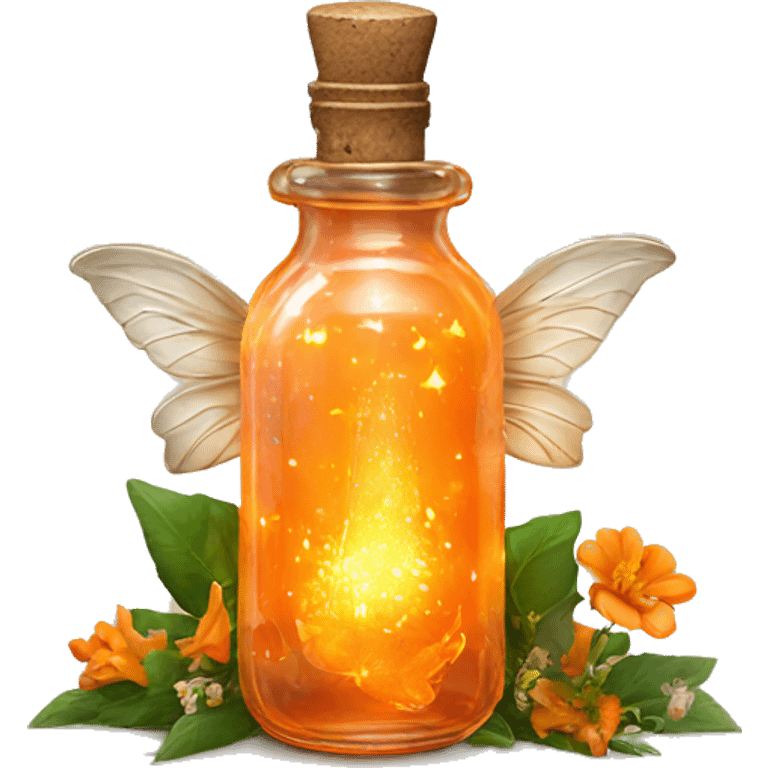 Orange magic fairy light sparkling old Antique bottle with poison and with herbal and flowers emoji