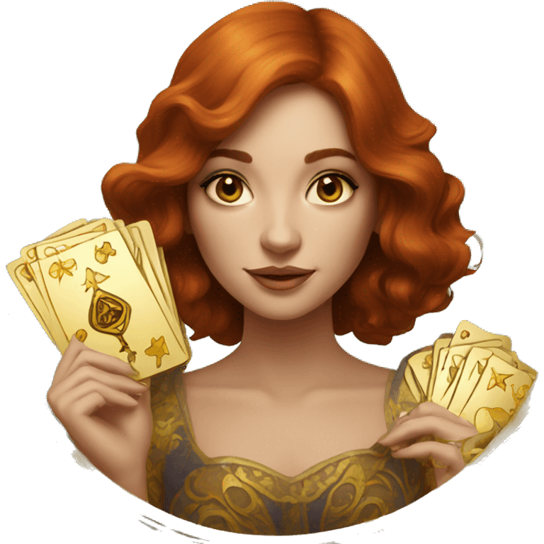 auburn hair beautiful girl with tarot gold cards emoji