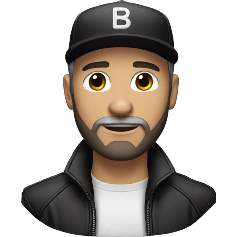 An adult white skin portrait of male with stubble and a slightly gray beard, brown hair, black eyes, wearing a black Reebok cap with a round emblem on his head, and a black leather jacket and stand collar. emoji