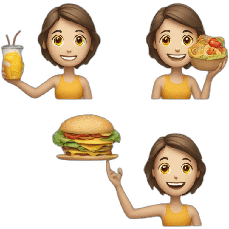 person with camera in one hand and food in other, happy smiling emoji