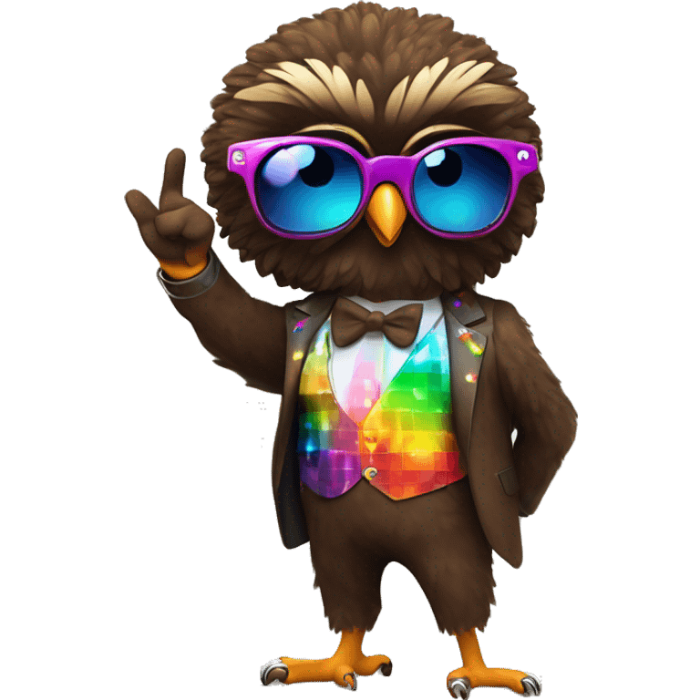  A cute short stubby brown owl with a black Afro and disco sun glasses and a colorful disco suit doing a pose with one finger in the air full body dance emoji