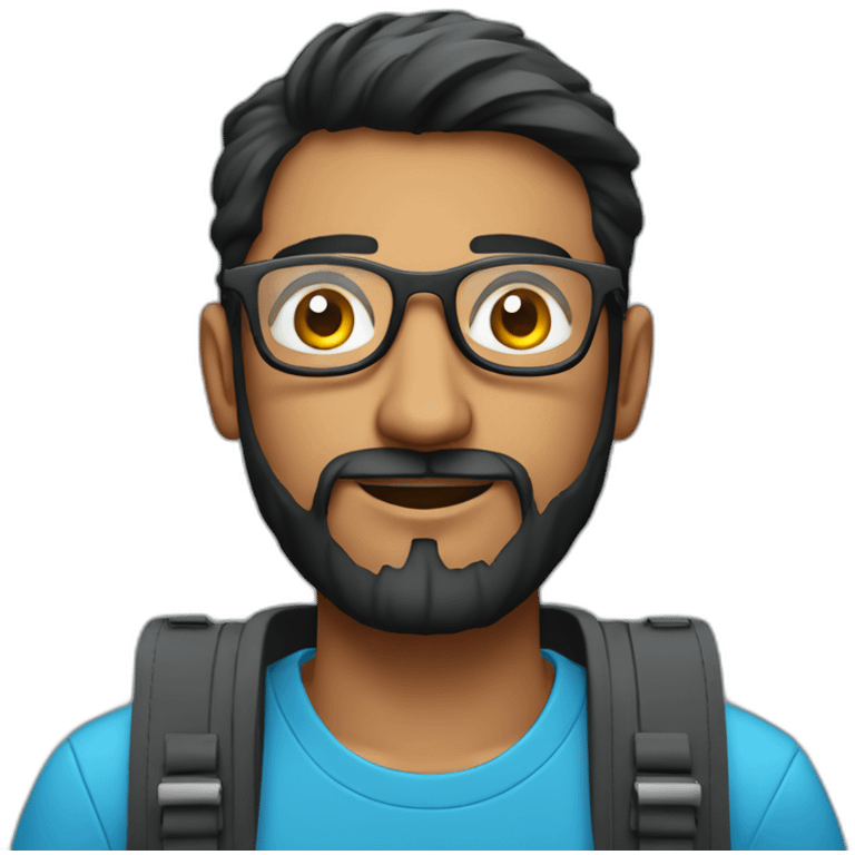 indian physics phd student holding a laser with a short beard and round glasses in a blue t shirt with black hair and a laptop bag emoji