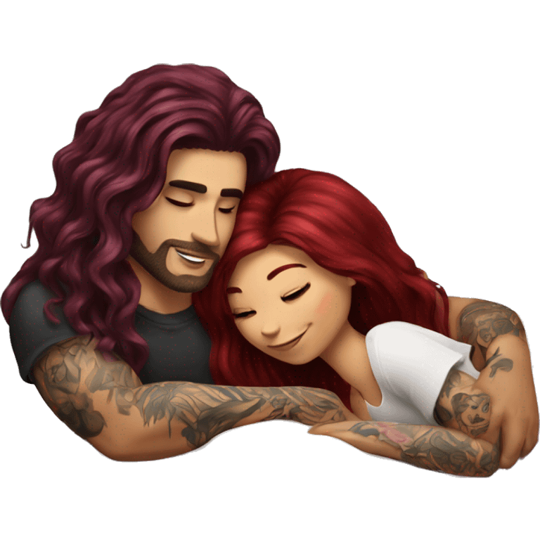 Beautiful tattooed burgundy long haired woman laying on the boyfriends chest emoji