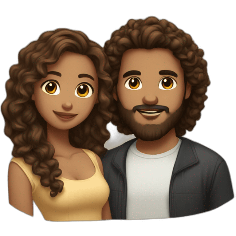 light brown skin girl with long curly brown hair and her boyfriend with light skin and black beard emoji