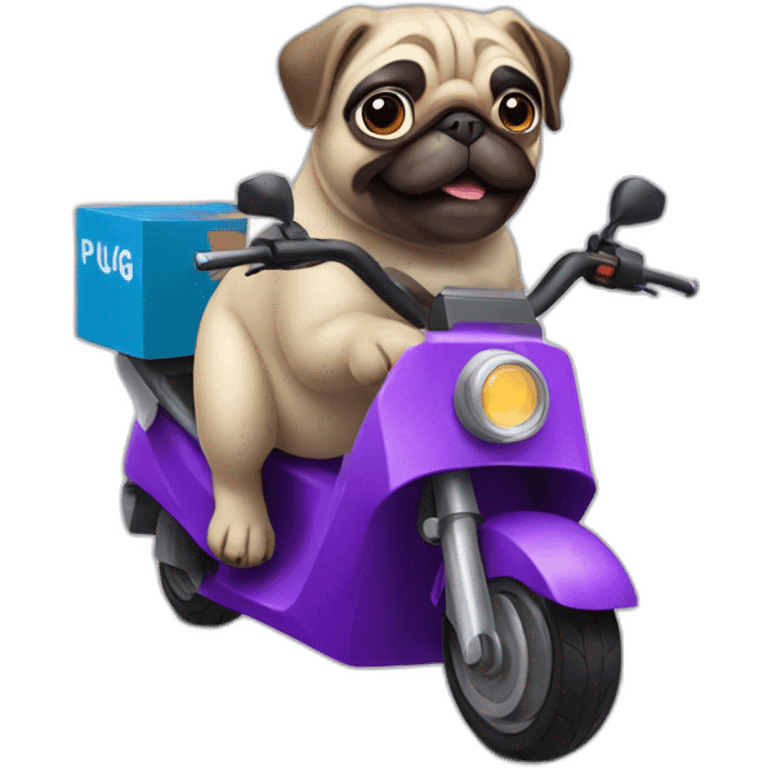 a pug on a purple electric motorbike making a delivery emoji