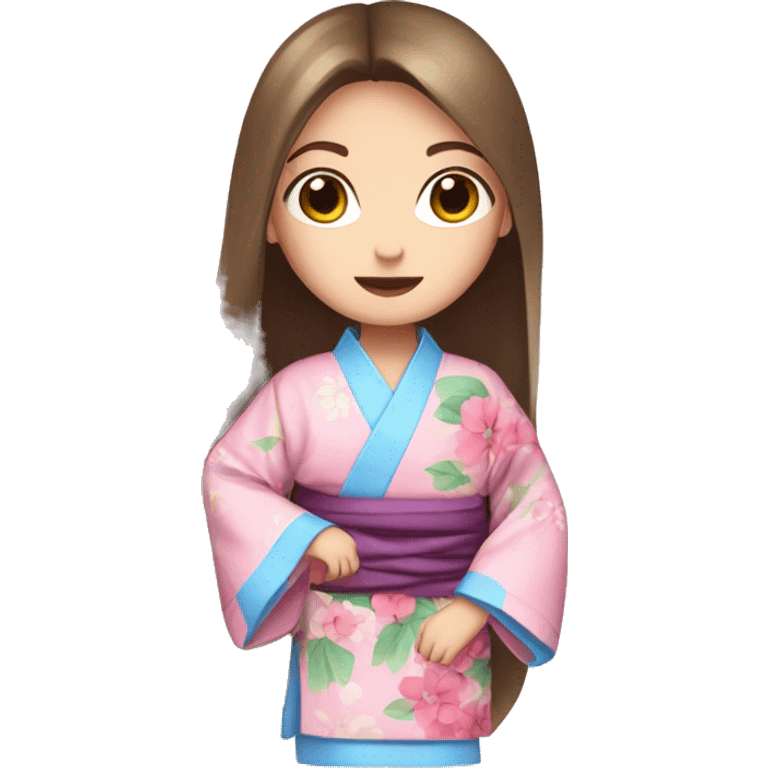 cute girl long brown straight hair and blue eyes in pink flower kimono emoji