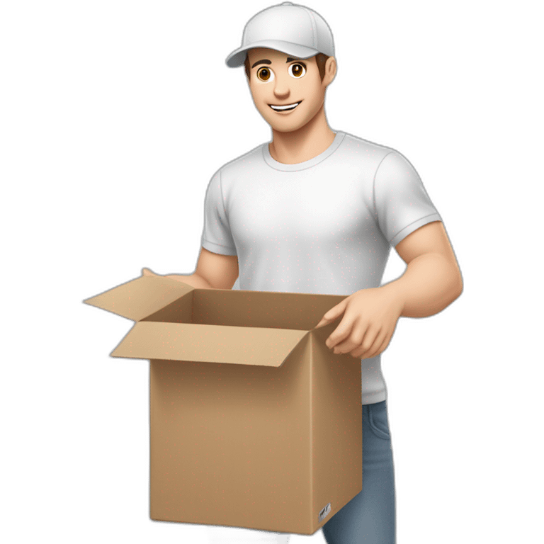 Pale skinned fit Man with dark brown hair in a white cap, gray jeans and gray polo T-shirt keeping a pasted box into his hands emoji