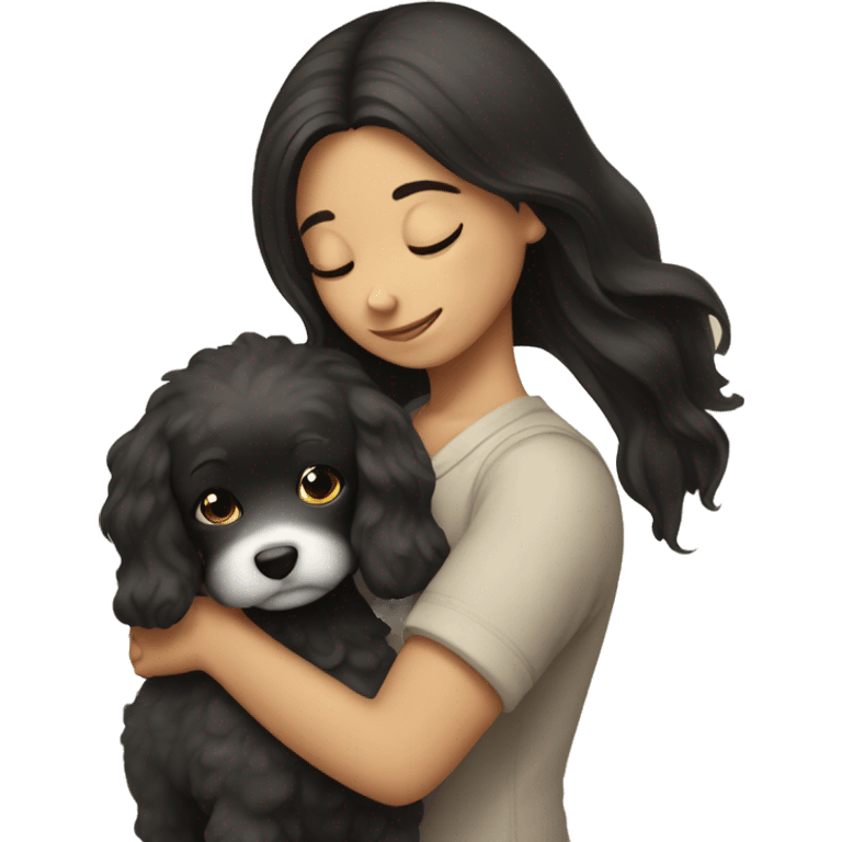 A girl with dark hair hugs a maltipu emoji