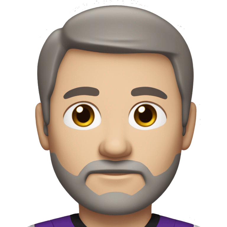 45-year-old caucasian man with a slightly round face, short hair with a small central crest and a slightly receding hairline. He has brown eyes, very short dark & white beard, and wears a black and purple soccer jersey. emoji