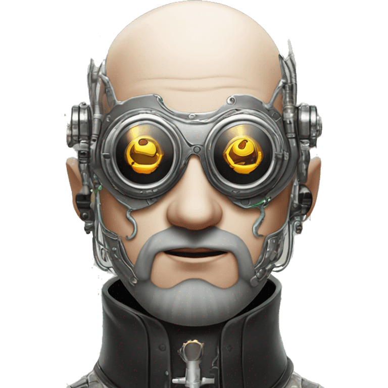 Bald cyborg head with silver steampunk goggles, white five beard and circuits emoji