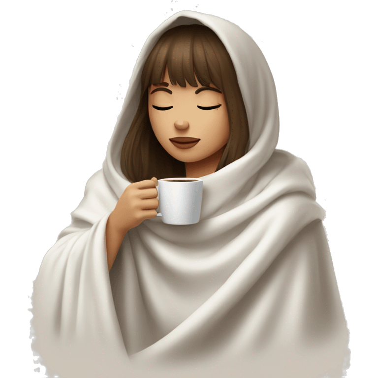 girl with long brown hair with bangs inside a white blanket sipping coffee eyes closed emoji