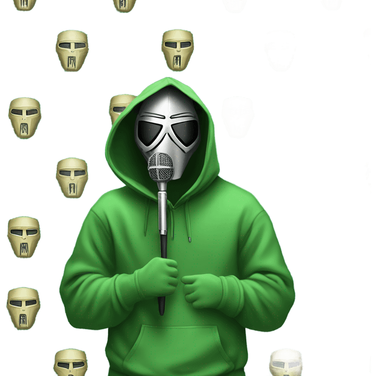 mf doom wearing green hoodie, holding mic emoji