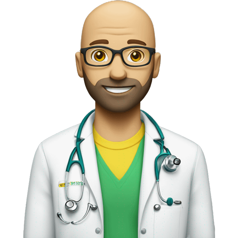 bald man with scruff, and blue eyes, and bright yellow stethoscope, and green glasses emoji