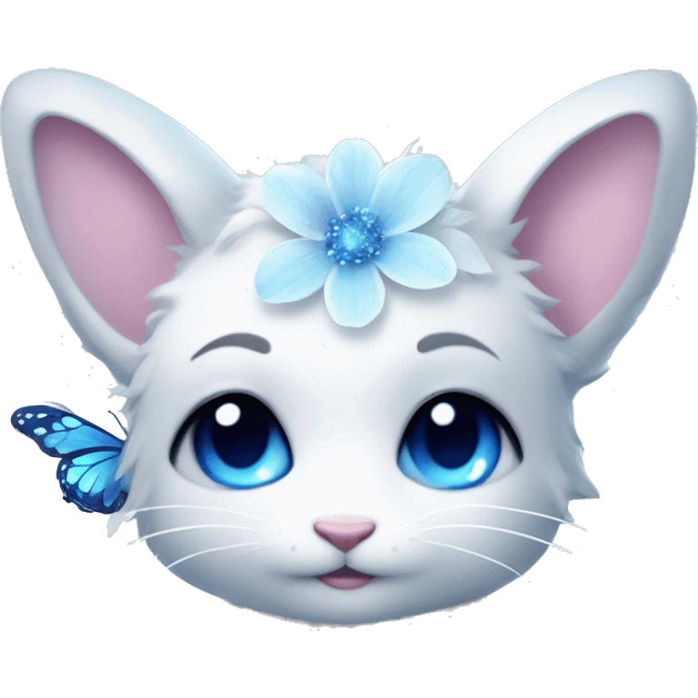 Edgy Cute Cool Kawaii gorgeous sparkly ethereal white fantasy animal with blue eyes sona with flowers and butterflies emoji