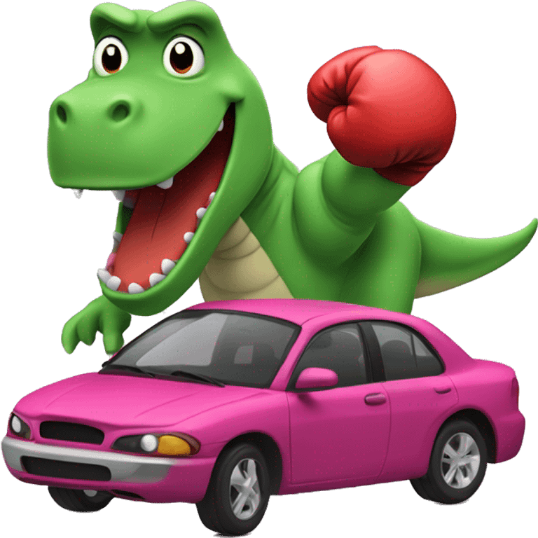 Barney the dinosaur as a car with boxing gloves emoji