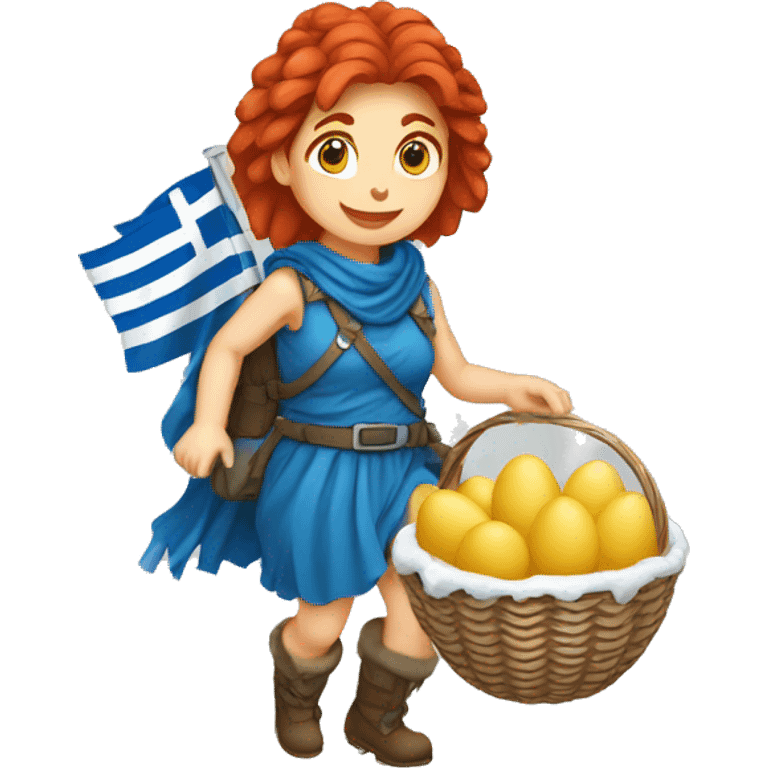 Greek red hair female winter mountaineer climbing with Easter eggsbasket and Greek flag emoji