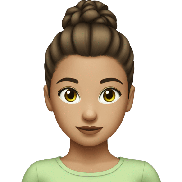 young girl with brunette hair tied up in a high bun and brunette hair, light green eyes emoji