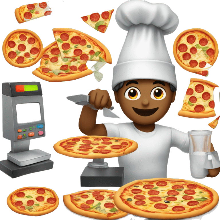 generate a pizza maker working on a desktop and making tons of money emoji