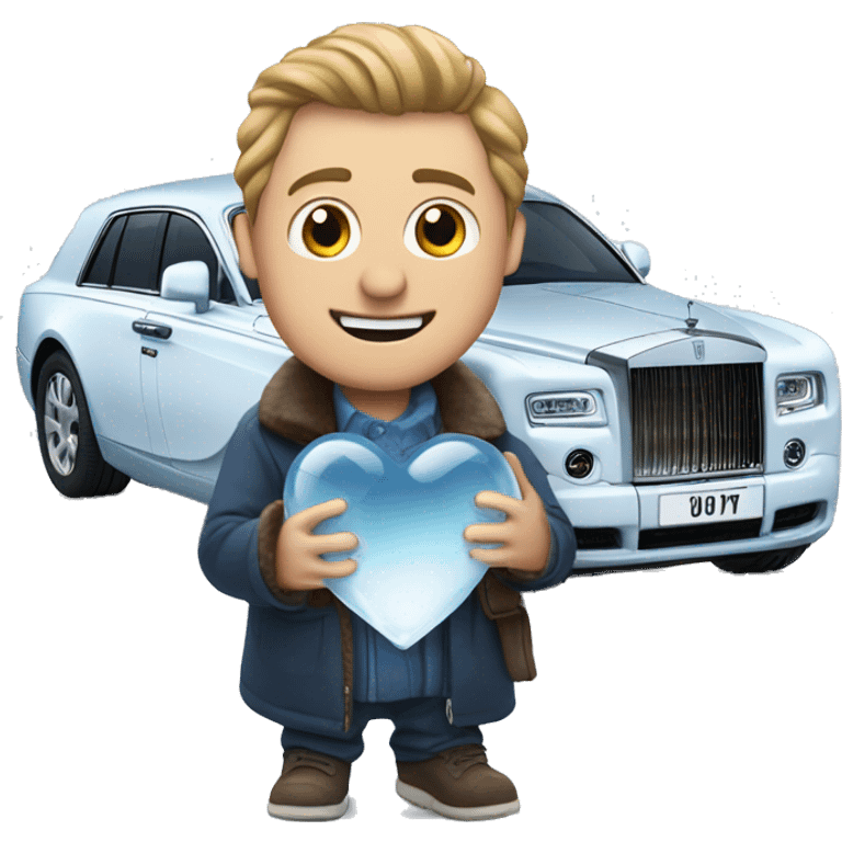 man hold frozen heart near rolls royce emoji