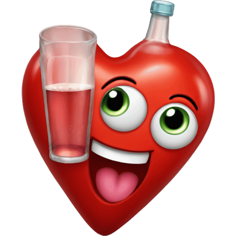 A red heart ❤️ with eyes, a mouth, and hands, tipsy and drunk, holding a bottle, looking wobbly and playful emoji