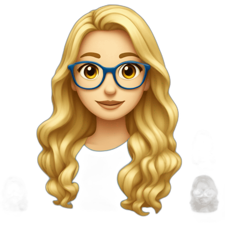 Una chica rubia de 25 años con pelo largo ondulado rubia con ojos azules tiene unas gafas hexagonales doradas y es ingeniería informática emoji