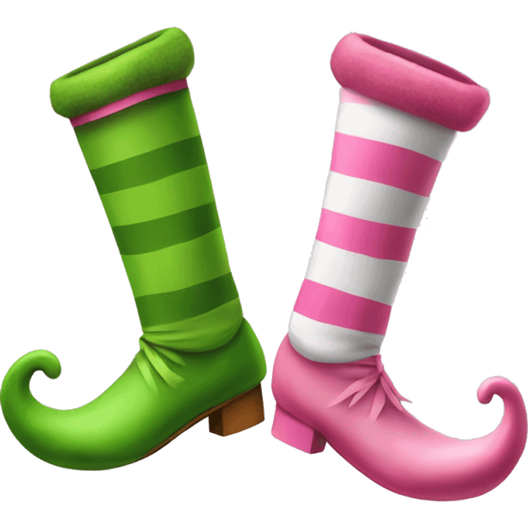 Realistic green and pink pair of elf shoes with white and pink striped stocking legs. emoji