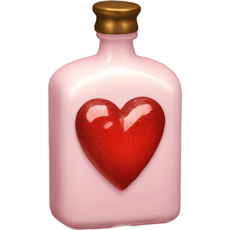 Antique heart-shaped parfumerie bottle with butter, made of red crystals, white cream and pink strawberry milk pour from the bottle emoji