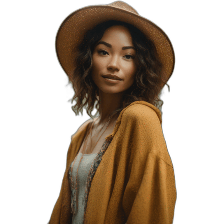 Outdoor photoshoot in a forest setting, model in bohemian attire, style: natural light photography. Camera setup for soft, diffused lighting: 50mm lens, f/2.0, ISO 200, 1/250 sec. –ar 16:9 emoji