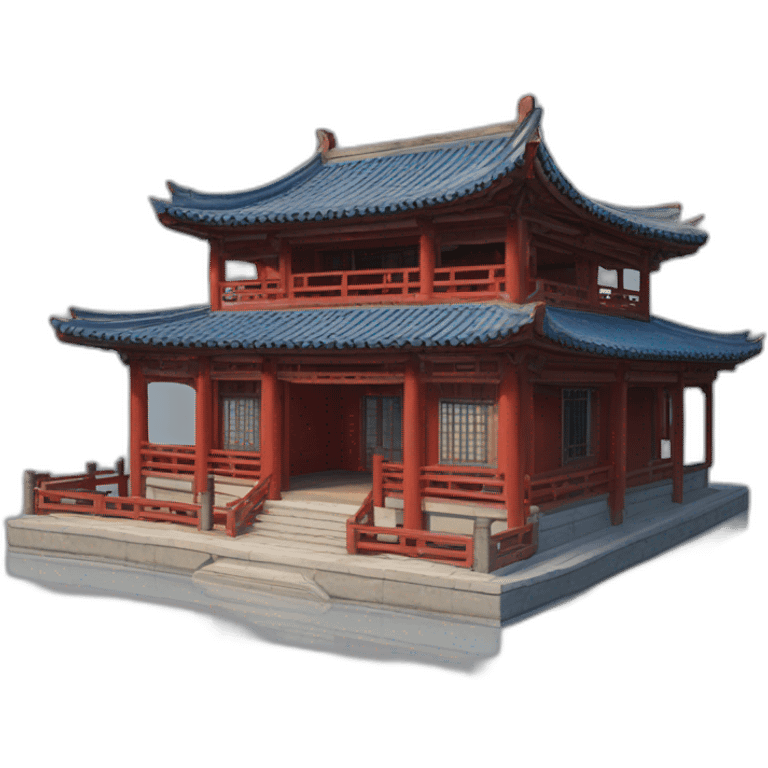 the facade of a medium-sized Chinese-style house with a blue roof and red wooden structures emoji