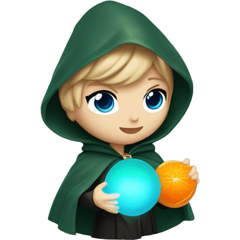 Taylor swift with blue eyes in dark green cloak holding an orange glowing orb emoji