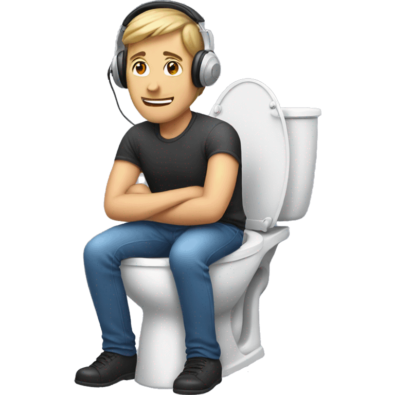 Man sitting on toilet wearing headset emoji