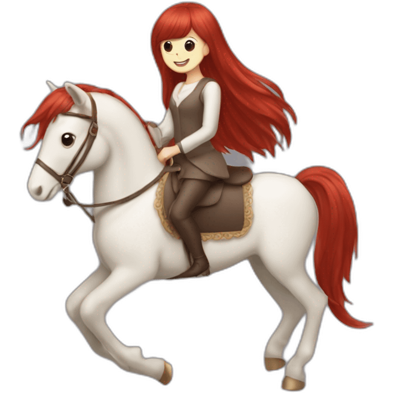 Lady with Long red Hair and bangs on a hobbyhorse emoji