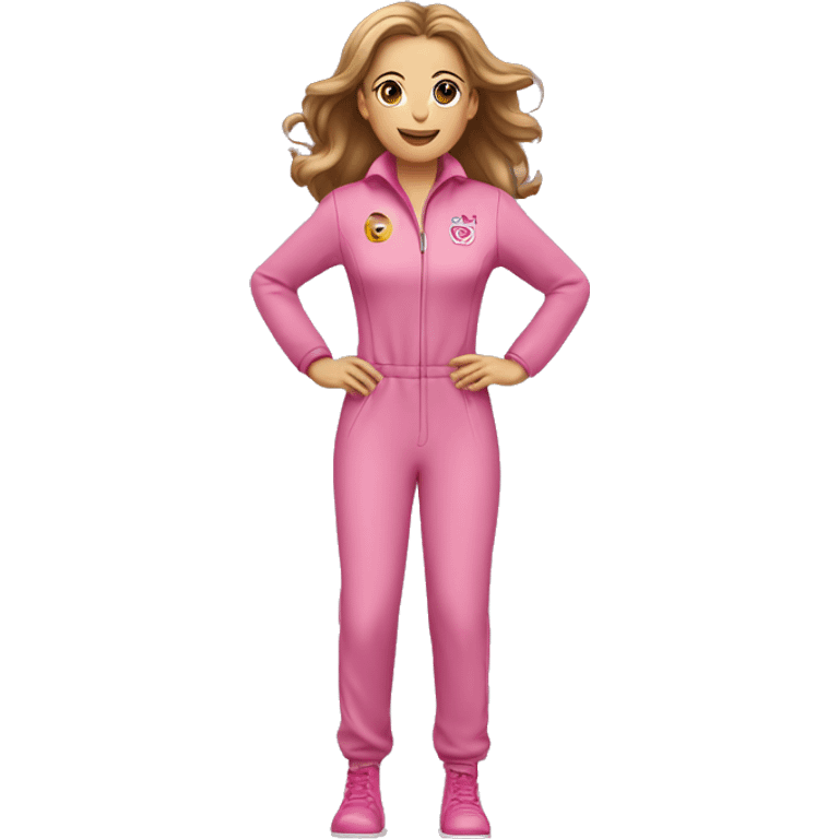 Woman  light brown hair  hazel eyes pink full body jump suit flying emoji