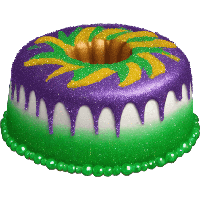 Realistic round bundt glitter icing king cake isolated with Mardi Gras beads layer across the top of the cake.  emoji