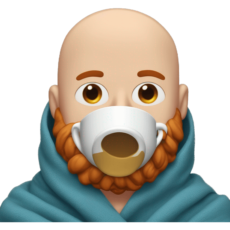 Bald man inside blue blanket with red beard and mustache with eyes closed sipping coffee emoji