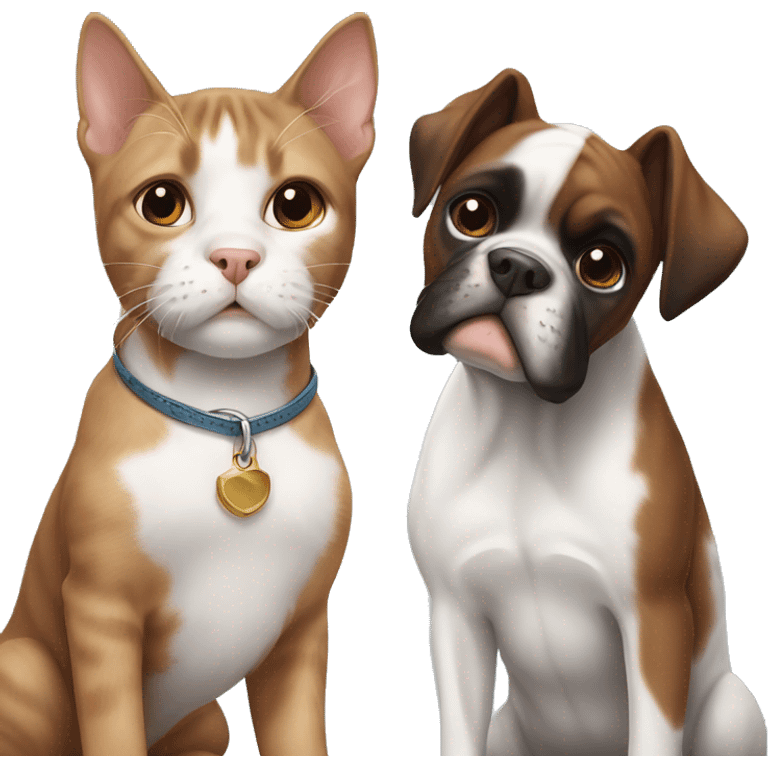 black white and brown kitten and a boxer dog emoji