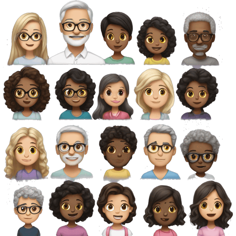 Dad gray hair glasses mom long dark brown hair teen daughter black short straight hair teen daughter medium dark brown curly hair little girl medium dirty blonde hair emoji