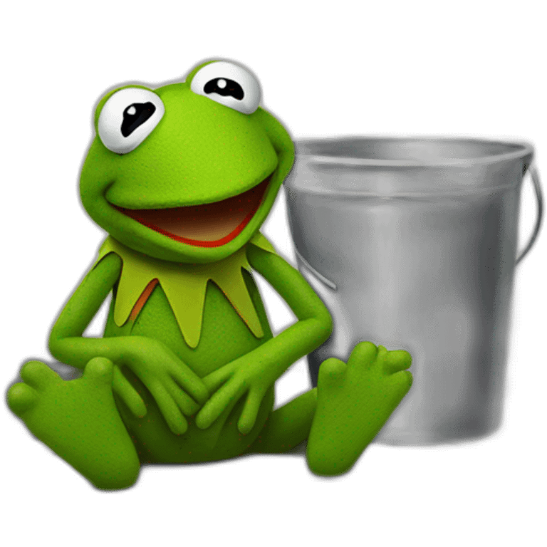 Sad Kermit, sitting on the ground against a wall, holding a bucket in his hands with tears flowing from his eyes into the bucket  emoji