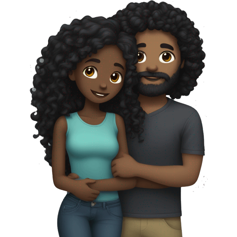 Black girl with long black curly hair cuddling with white skin guy with dark brown hair and dark brown beard  emoji