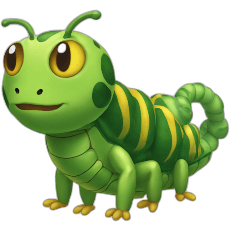 Caterpie is an insect Pokémon that resembles a green caterpillar with a yellow underside and teardrop-shaped tail. There are yellow ring-shaped markings down the sides of its segmented body emoji