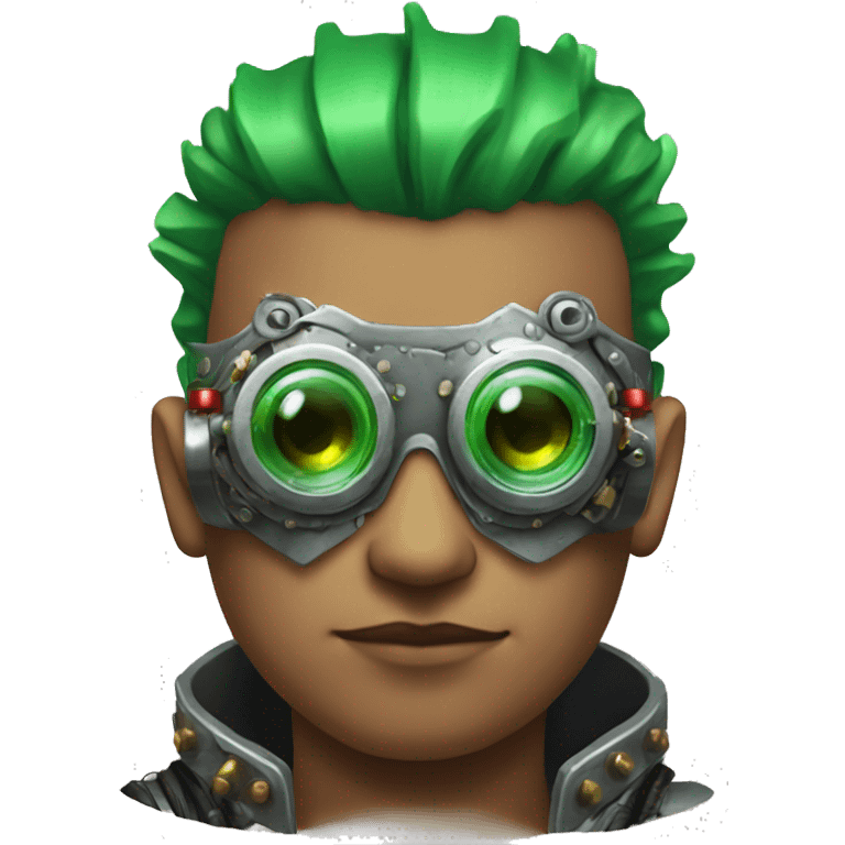 Male cyborg with thin red Mohawk and green steampunk goggles emoji