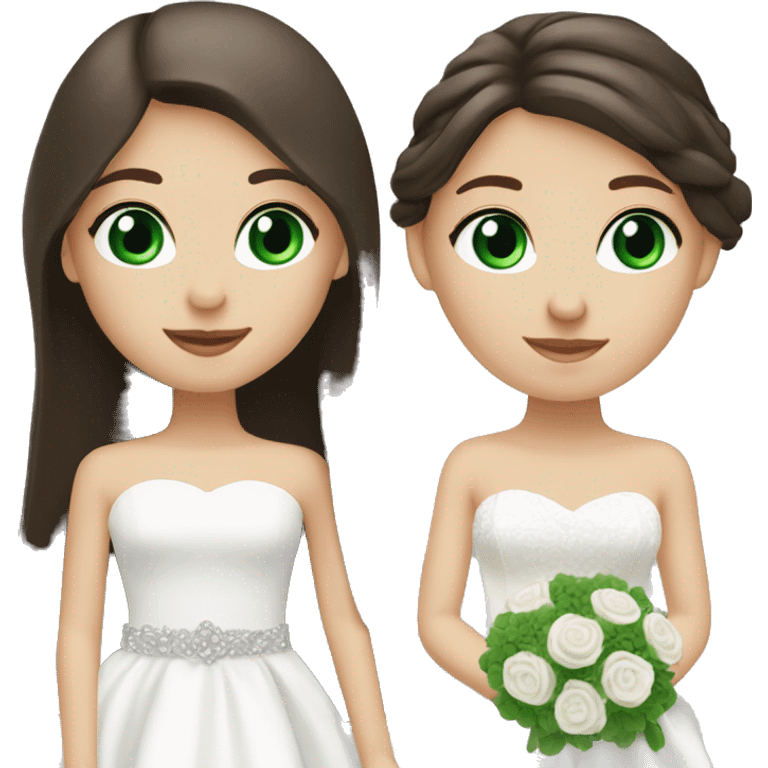 2 dark brown straight long hair white girls, one with green eyes and one with blue eyes. both in wedding dressed emoji